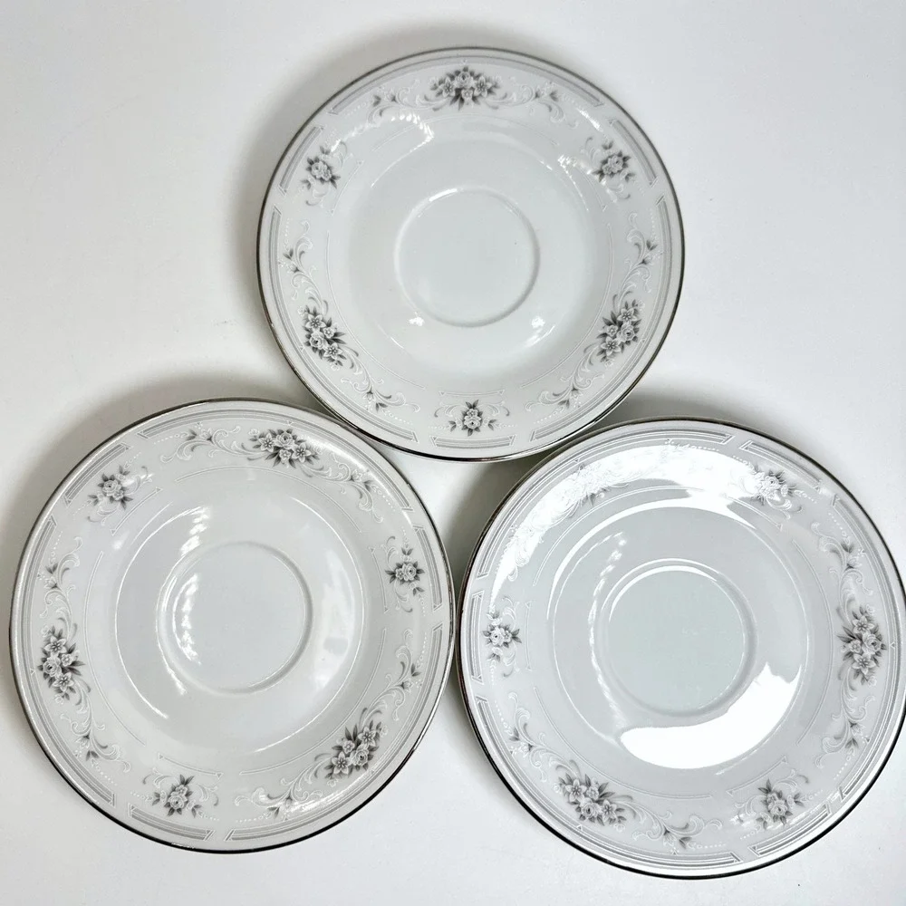 Nitto Cotillion S74 Saucers Set 3 White Grey Floral Platinum Trim Japan Vintage